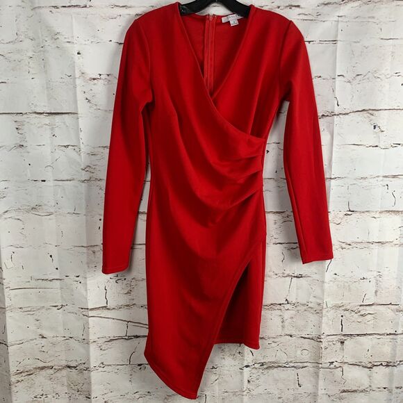 Favlux Red V-Neck Ruched Mini Dress Long Sleeve Size Small Y2K Cocktail Party - Picture 1 of 7